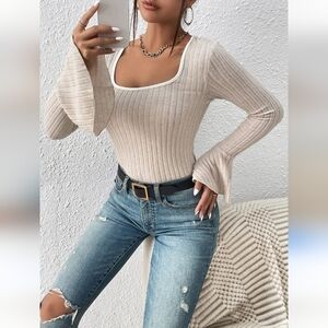 Shein Curve Square Neck Flounce Sleeve Wide Ribbed Knit Cream 2XL